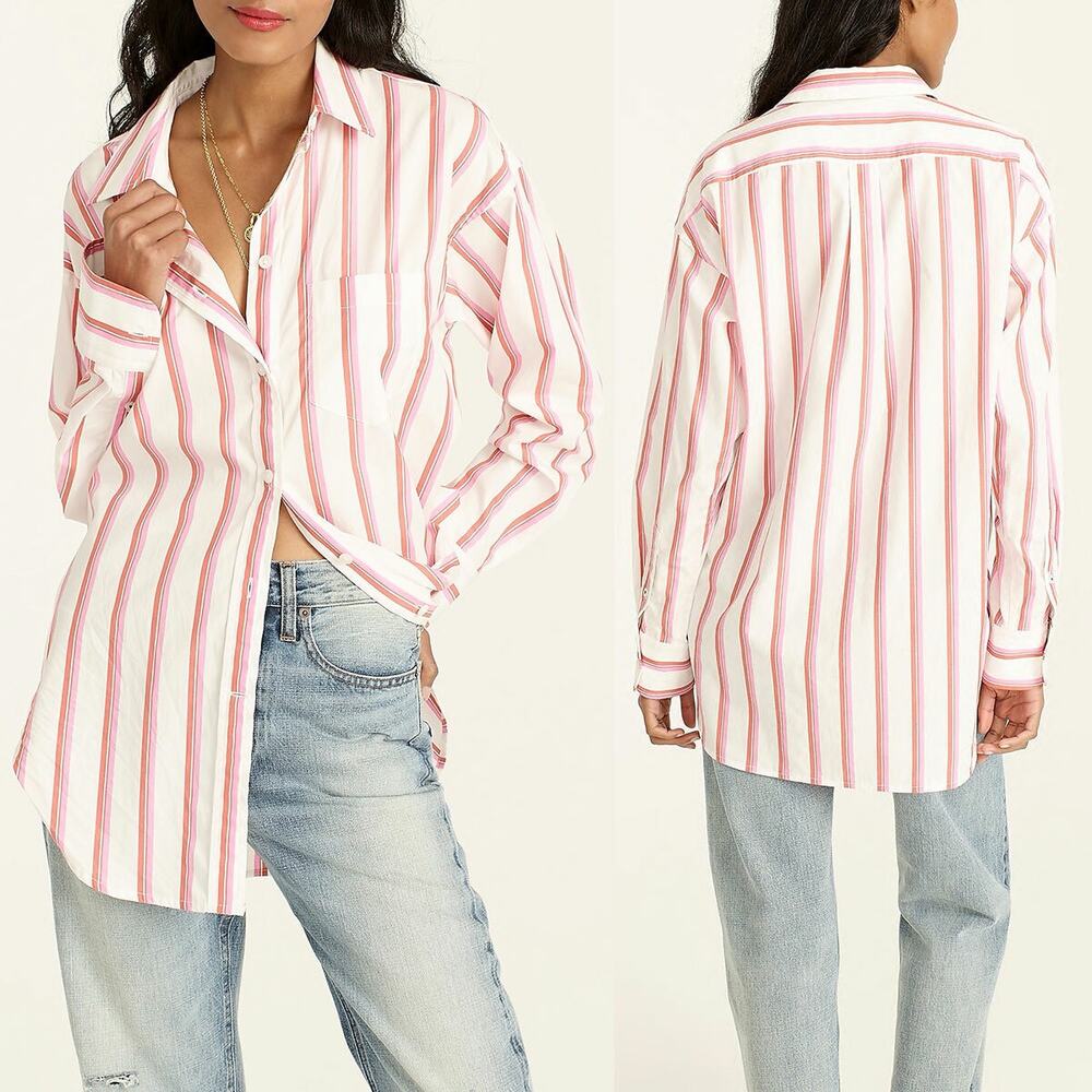 J Crew Re-Imagined Relaxed Striped Cotton Poplin Button‎ Down Shirt Women's 10